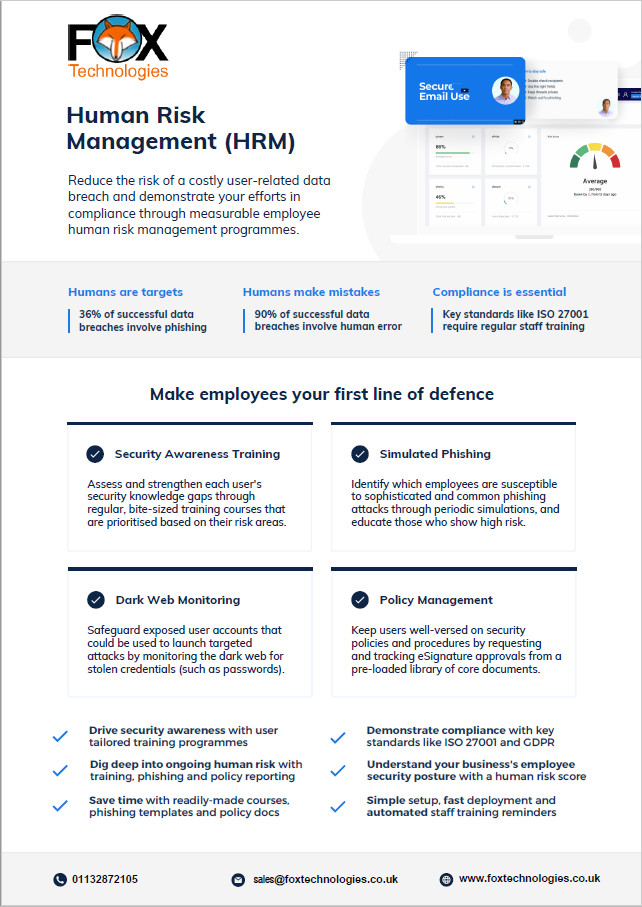 Reduce the risk of a costly user-related data breach and demonstrate your efforts in compliance through measurable employee human risk management programmes.
